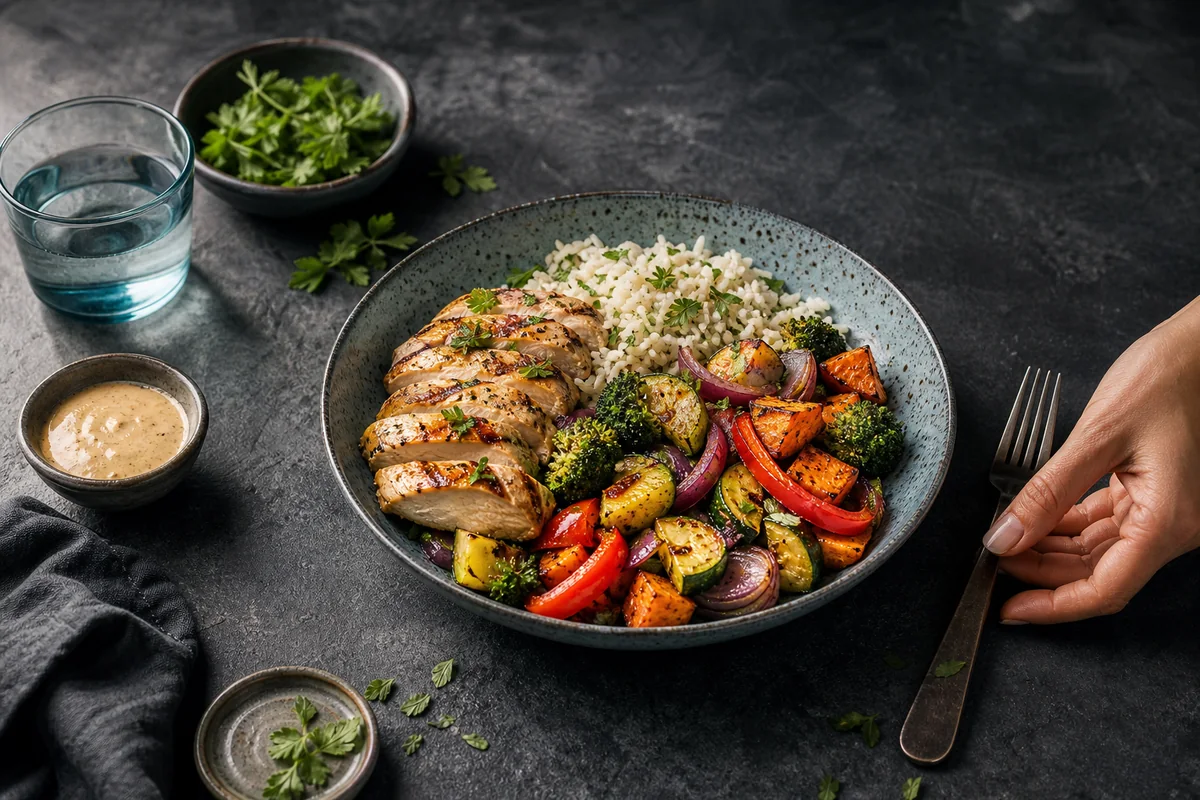 Balanced high-protein meal prepared for nutrition tracking