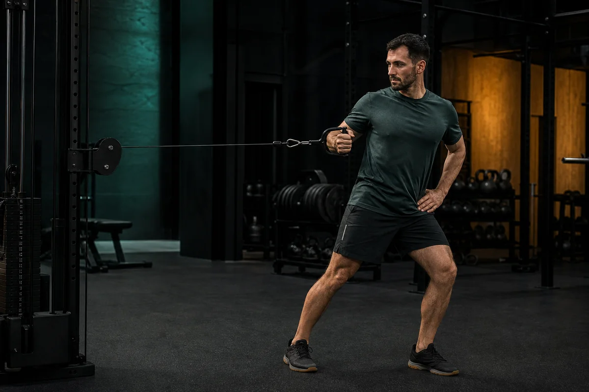 Athlete performing a single-arm cable row in a strength gym